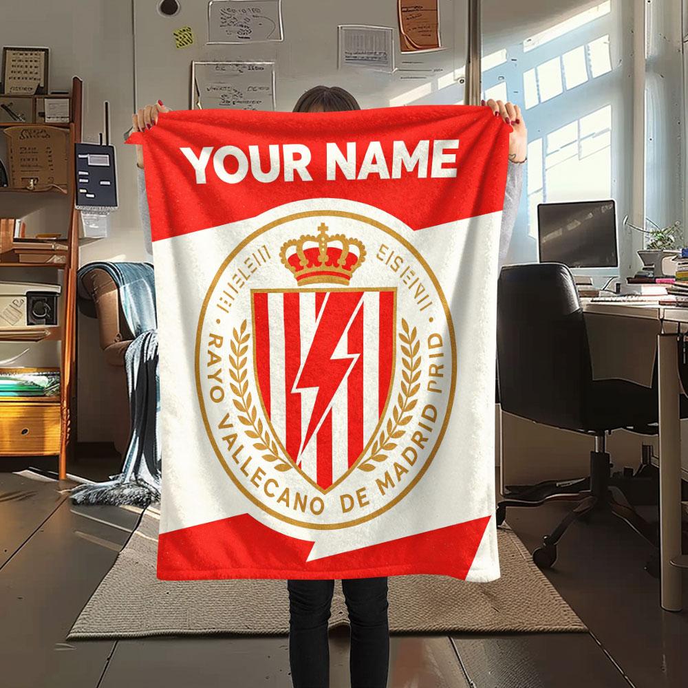 Custom Name,Rayo Vallecano de Madrid Printed Flannel Blanket, soft throw for bedroom sofa, washable, Christmas present, great gift.