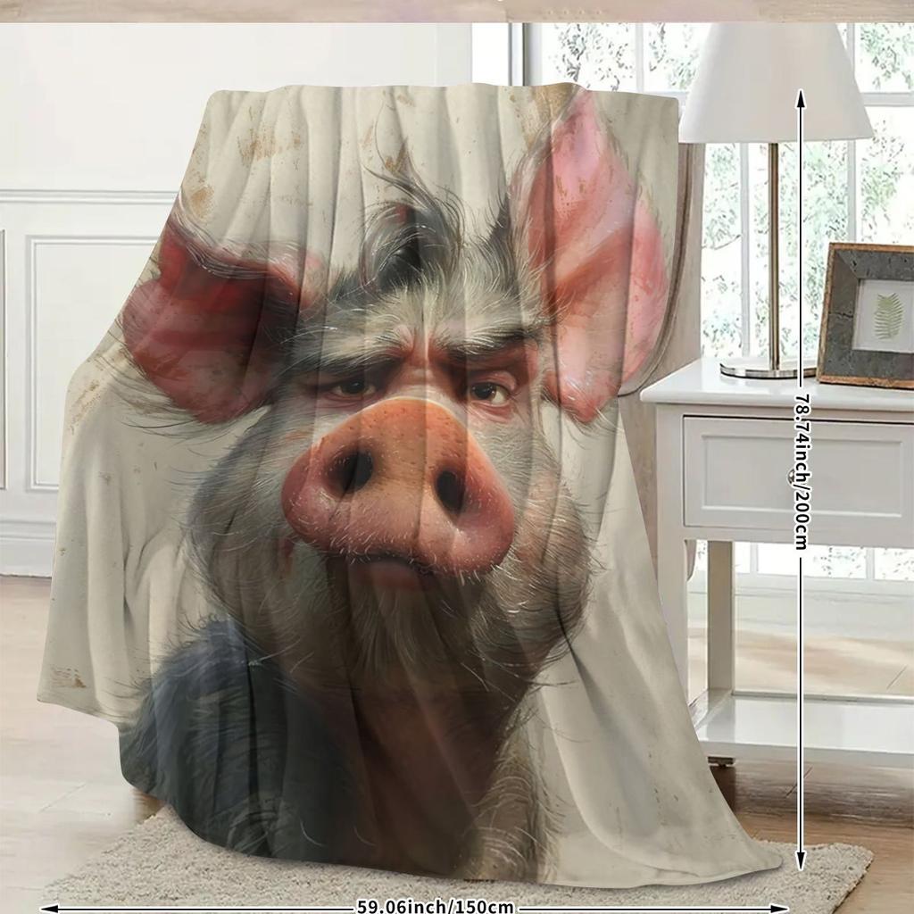 Interesting Pig-themed Pattern Flannel Printed Blanket Suitable for All Seasons Suitable for Living Room Office Sofa and Travel