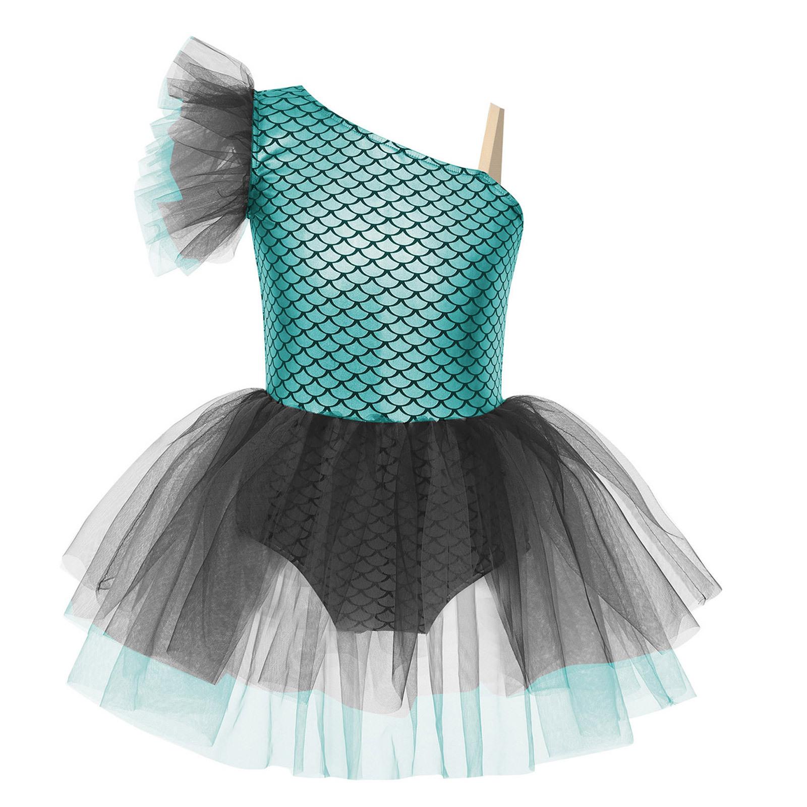 

Girls Halloween Ballerina Costume One Shoulder Sleeveless Mermaid Fish Scales Print Tutu Dress Dance Camisole Leotard 5-6 Years м ята зелений колір