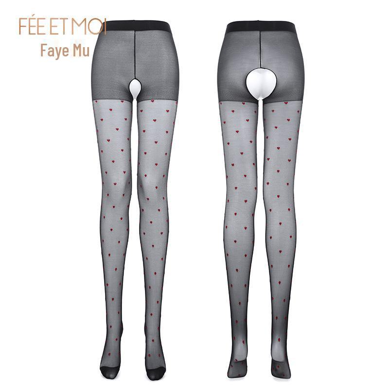 Feimu Contrast Flocking Open-Crotch Love Pantyhose - 50 Pack of Sexy Transparent Black Silk