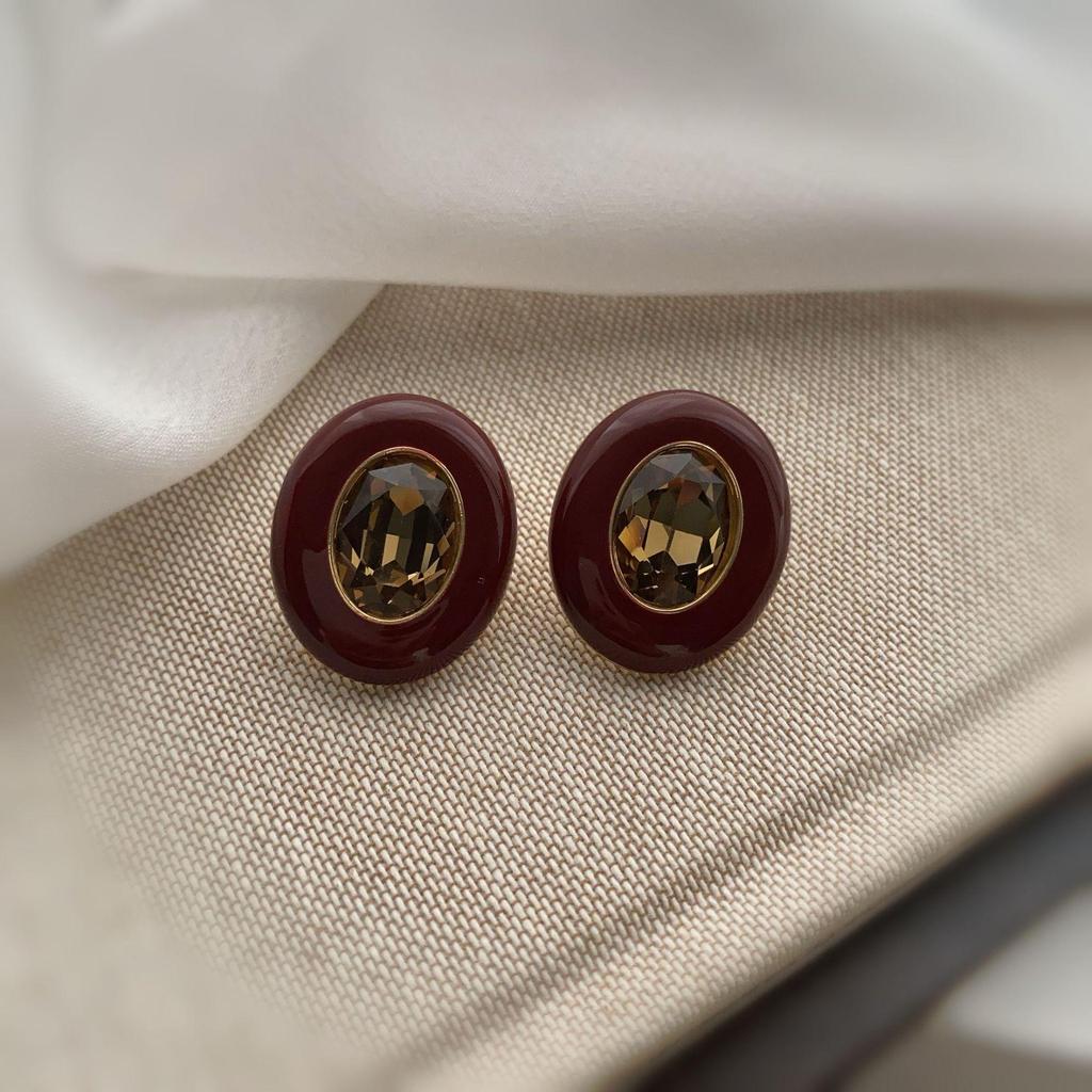 20 Retro Oil-Set Gemstone Contrasting Earrings Versatile Cold Hong Kong Style Colored Studs