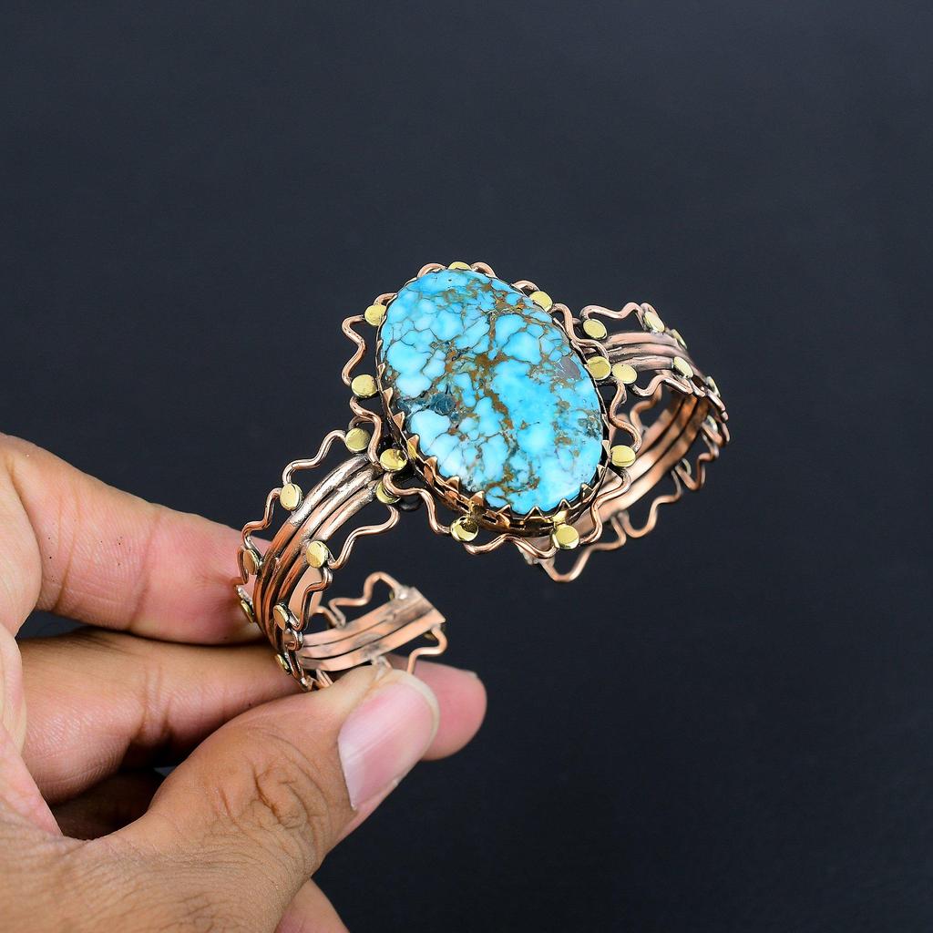 Blue Turquoise Handmade Gemstone Bracelet, 999 Copper Wire Wrapped Antique Jewelry Bracelet, For Engagement Gift