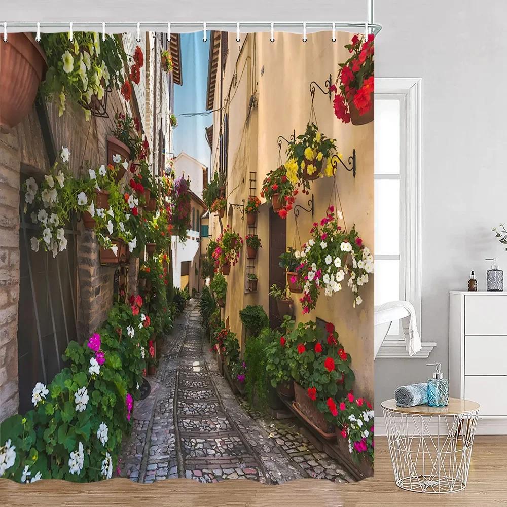 Vintage European Style Street View Shower Curtain Street View Old Stone Wall Plant Bathroom Curtain Bath Decoration