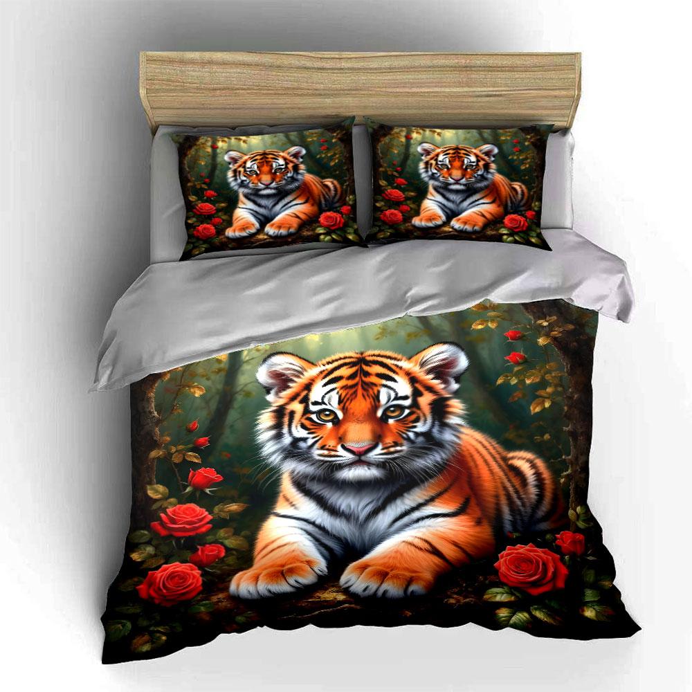 Tiger with Red Roses Forest Bedding Duvet Cover Set  (1*Duvet Cover 2*Pillowcases, Without Duvet Insert)