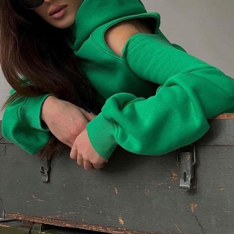 2026 Women's European & American Fashion Solid Color Two-Piece Set: Hooded Cropped Sweatshirt & Joggers
