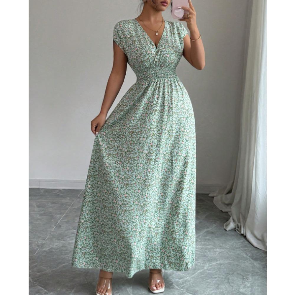Nuevo Vestido Largo Estampado de Verano con Cuello en V y Manga Corta con Lazo para Mujer Cintura Ajustada