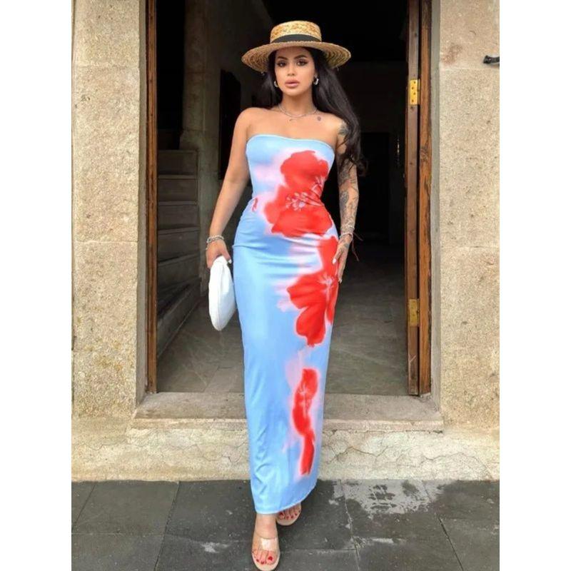 Women's Printed Strapless Split Hip Dress Floral Print Slit Sheath Dress