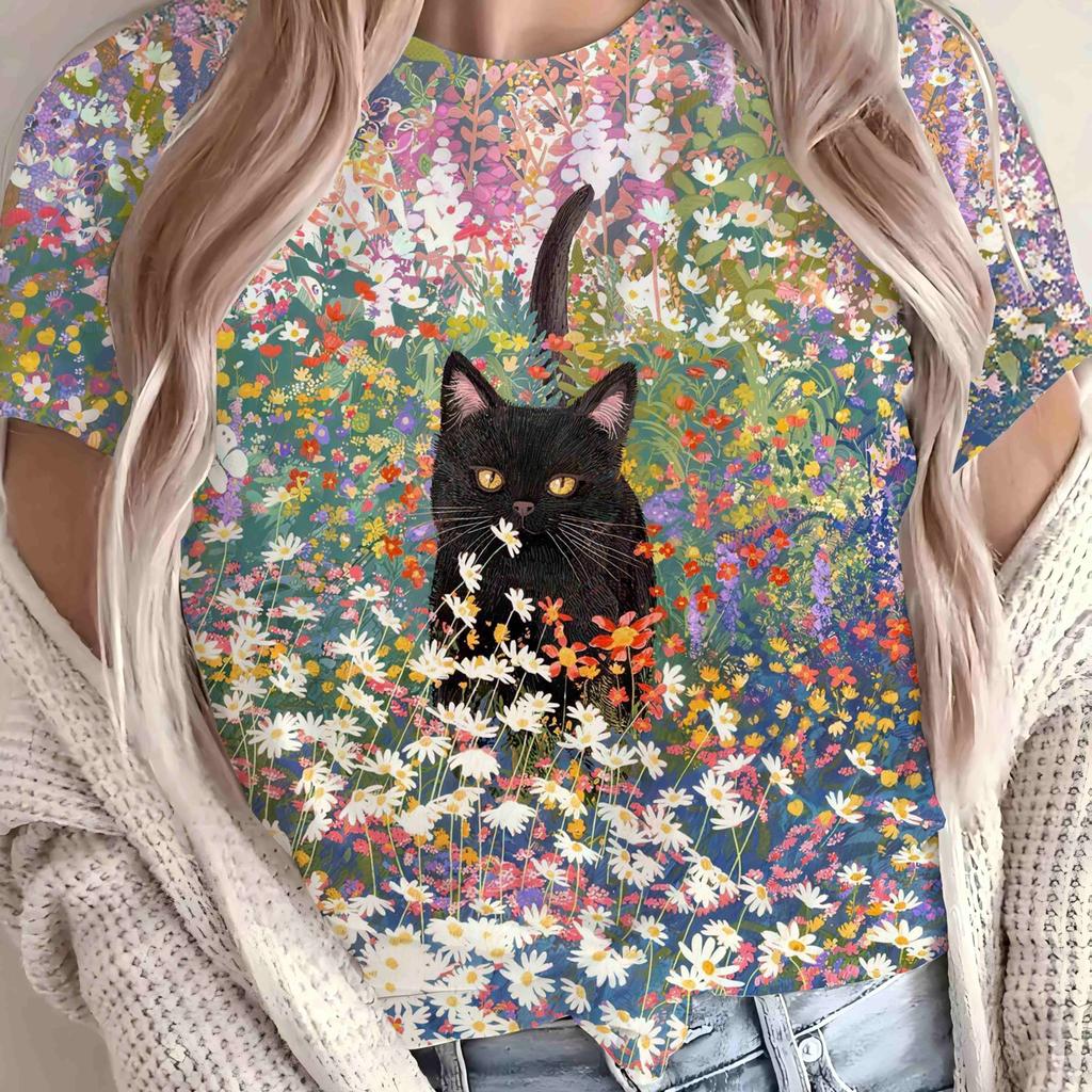 Women Round Neck T-Shirt, Hand-painted Floral Black Cat Forest Pastoral Casual Top