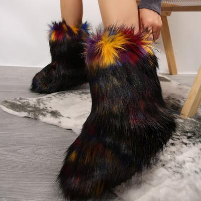 Moda Iarna Femei Cizme pufoase din blana de vulpe artificiala Cizme de zăpadă calde din pluș Încălțăminte de lux pentru fete Bottes din blană cu blană Pantof de iarnă la modă