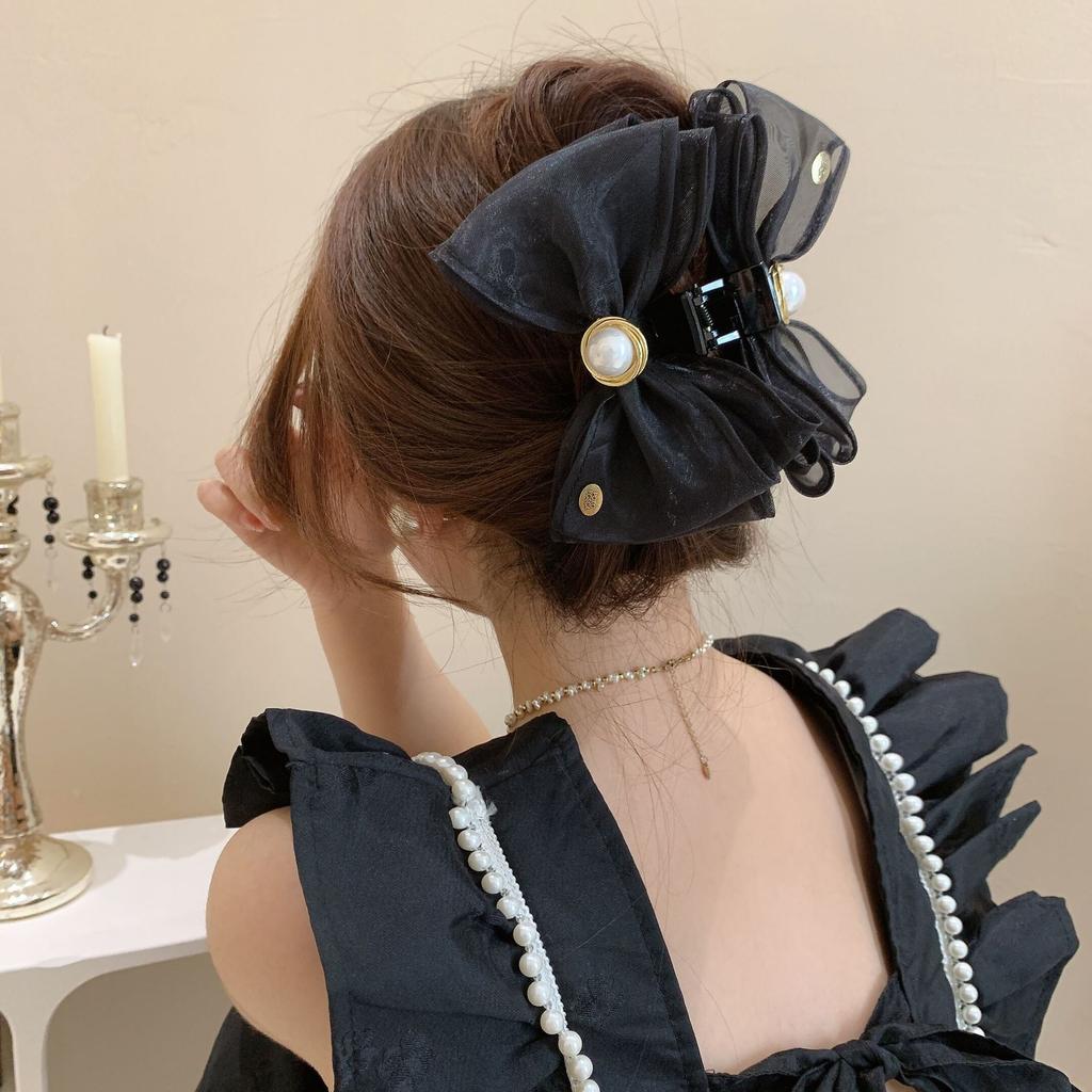 Korean Version of Pearl Mesh Bow Hairpin Simple Light Luxury Large Grab Clip Small Fragrance Versatile Shark Clip Hair Accessories