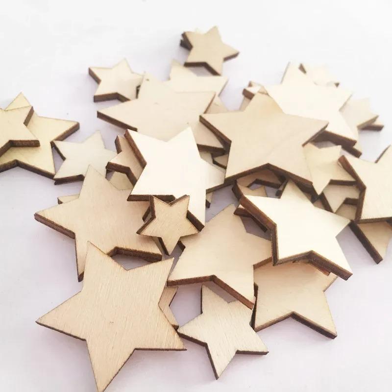 100pcs/lot Unfinished Wooden Stars Ornaments, Assorted Size Cutout Blank Wood Pieces Star for Christmas Wedding Party DIY Crafts