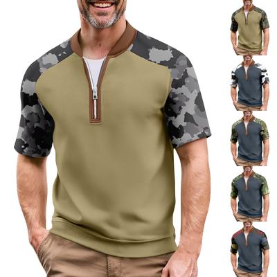 Męski Letni T-shirt w Kolorze Kamuflażu, Casualowy, Sportowy, Oddychający, z Kołnierzykiem na Zamek