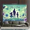Warm Father's Day Backdrop, Gentle Green and Blue Scene with Father, Kids, Butterflies and Flowers, Heartfelt and Sentimental Wall Art