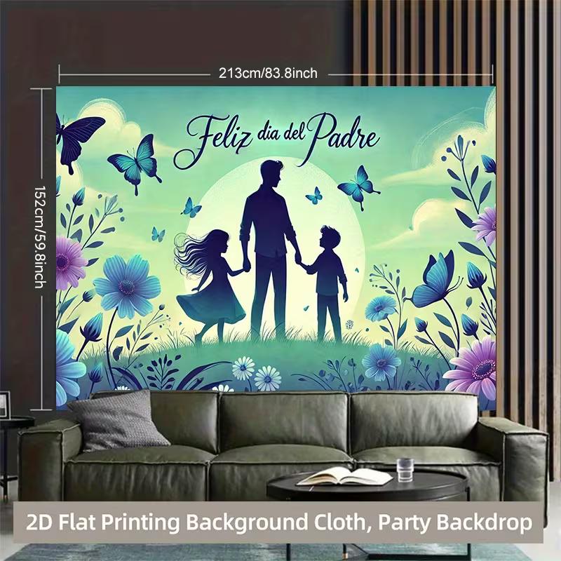 Warm Father's Day Backdrop, Gentle Green and Blue Scene with Father, Kids, Butterflies and Flowers, Heartfelt and Sentimental Wall Art