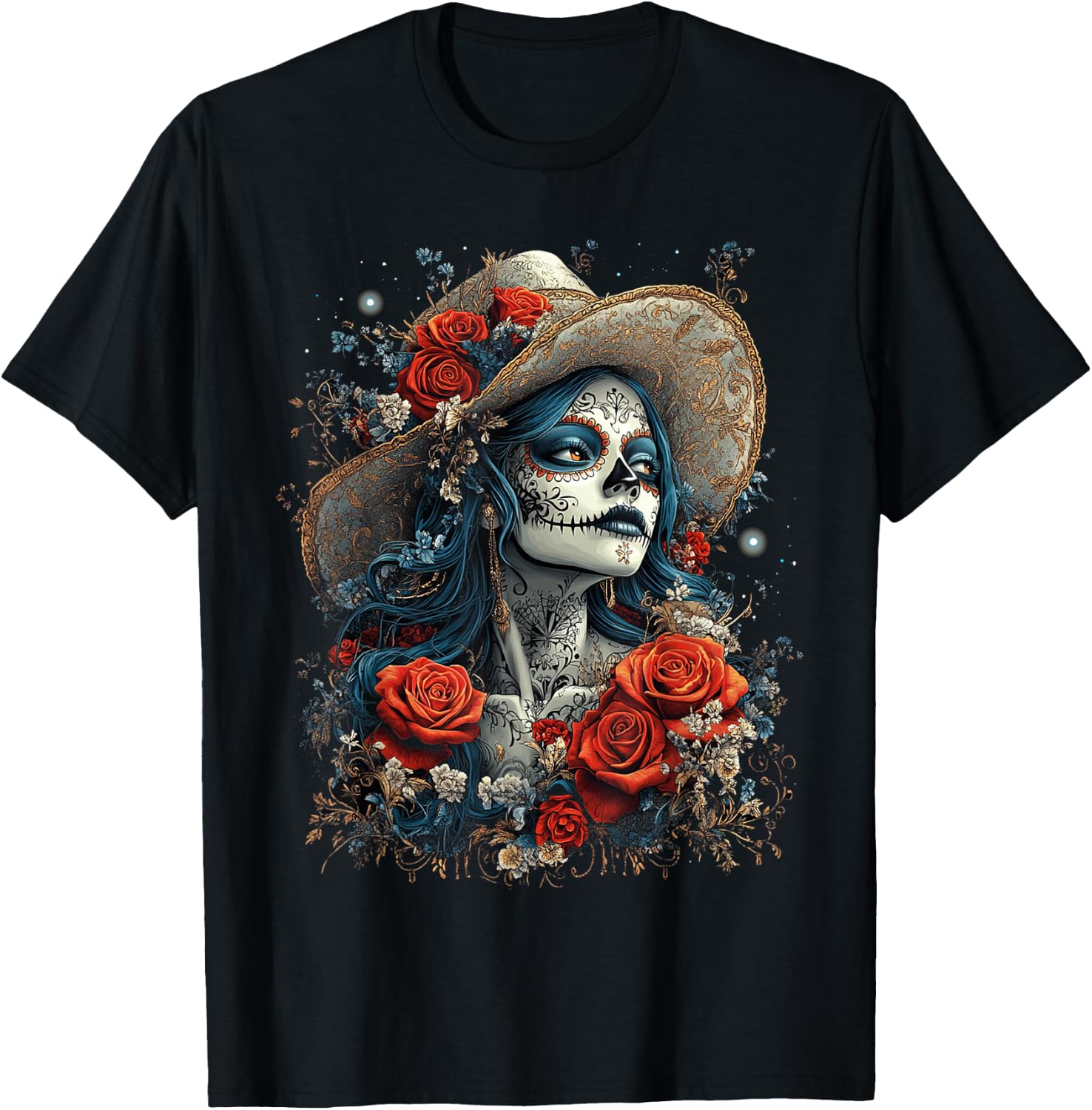 Mexican Sugar Skull Girl Halloween Dia De Los Muertos T-Shirt XXXL