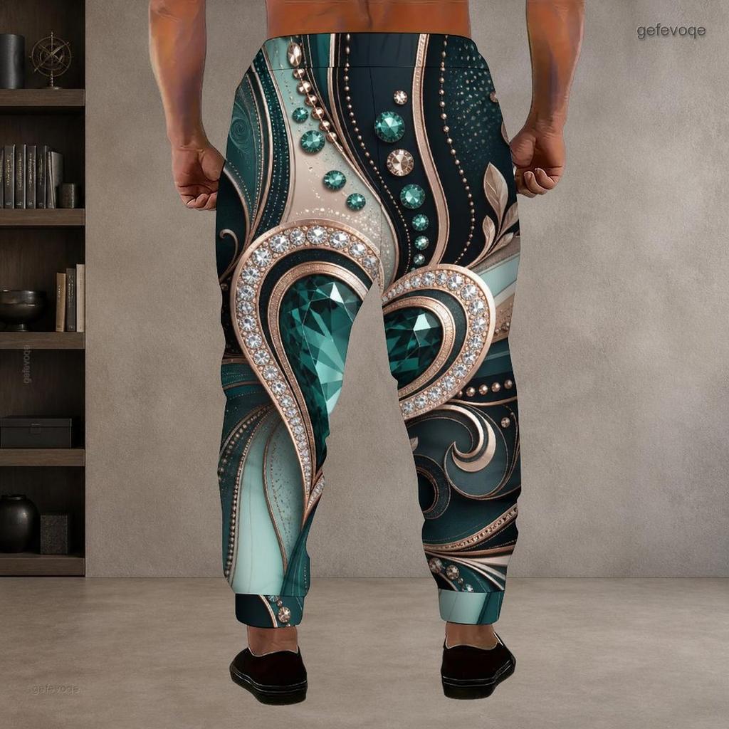 Men Plus Size Drawstring Waist Printed Teal Green Gem Heart Pattern Jogger Pants Cuffed Ankle With Side Pockets Long Trousers