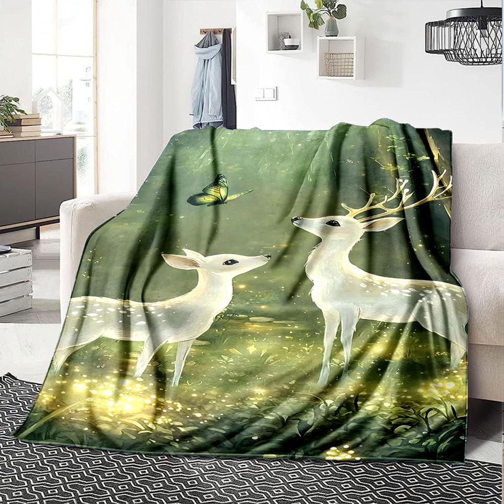 1pc Deer Butterfly Blanket Lightweight Flannel Throw for Sofa Bed Travel Camping Livingroom Office Couch Chair