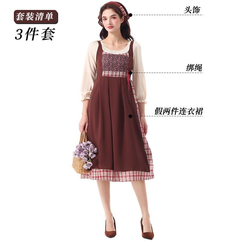Halloween Floral Print Fake Two-Piece Dress Women Stage Performance Garden Style