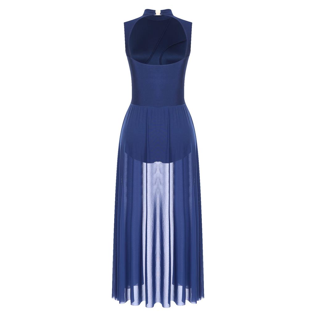 Vestido de Dança Lírica Patchwork de Renda Floral Feminino Gola Alta Costas Abertas Sem Mangas Collant Fantasia para Apresentação de Palco
