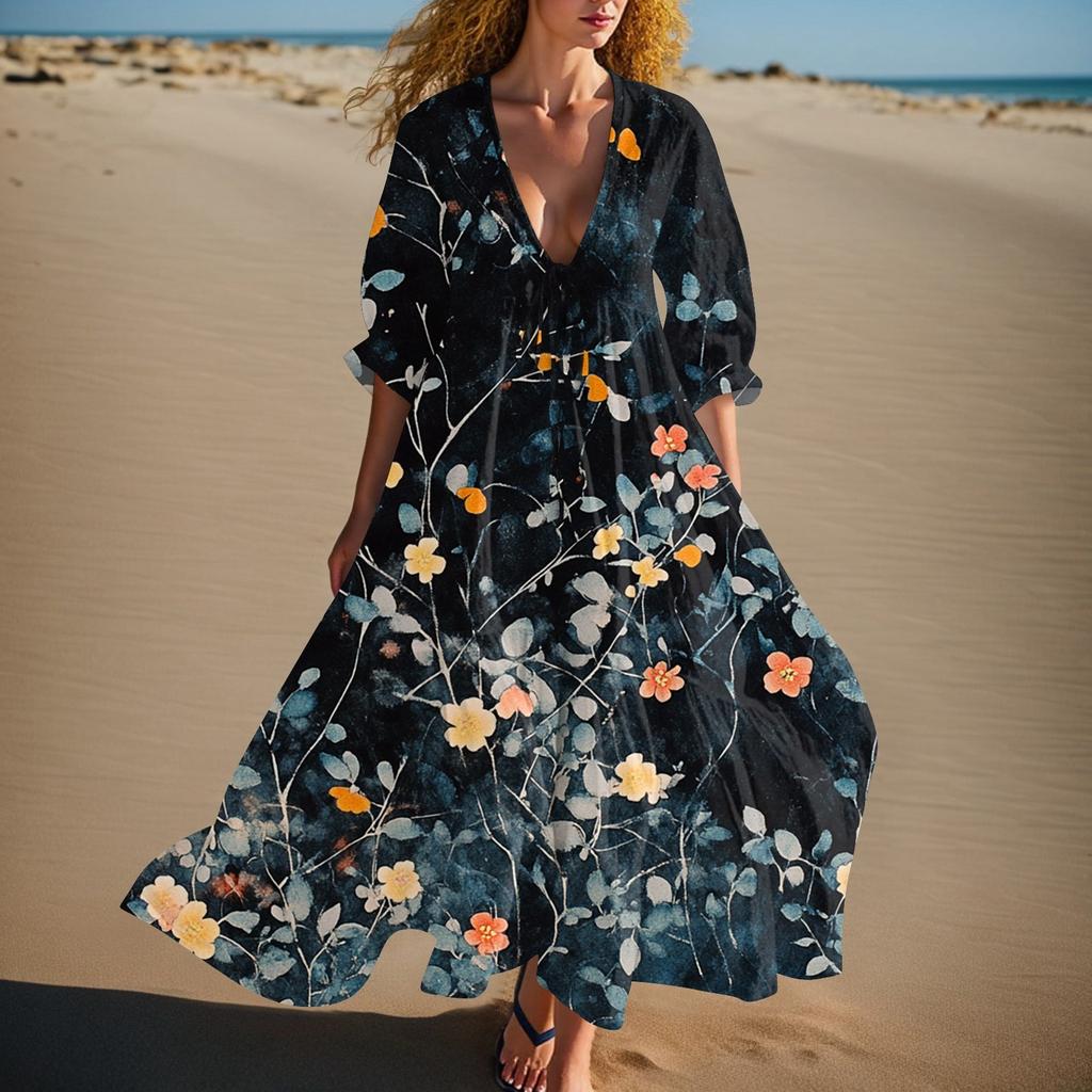 Women's Summer Fashion V-neck Retro Floral Print Short Sleeved Beach Dress With Lace Patchwork Dress
