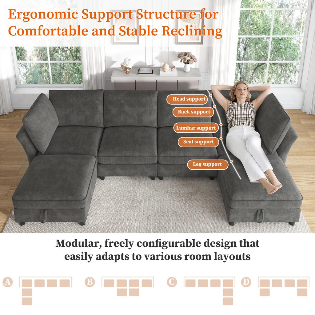 Modular U-/L-Shaped Corner Sofa, Combinable 6-Seater with Storage Stool, Cloud Design, Chenille Fabric, for Living Room, Apartment and Bedroom, Grey.