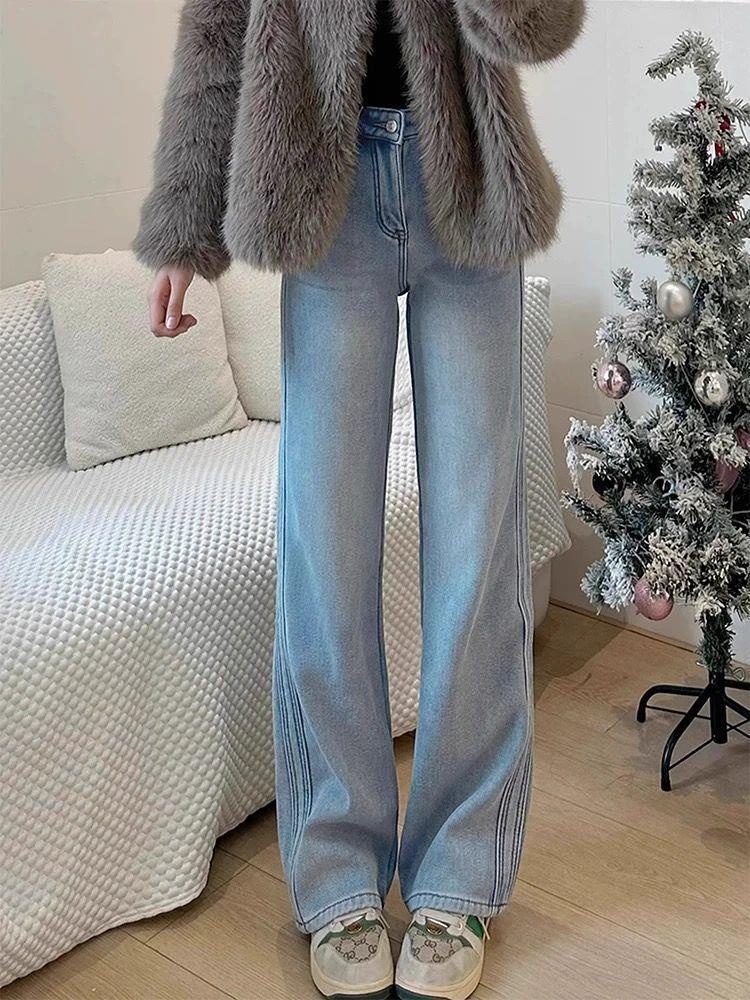Women's Designer Light Blue High-Waisted Slim Straight Jeans - 2025 Autumn Versatile Floor-Length Wide Leg Pants