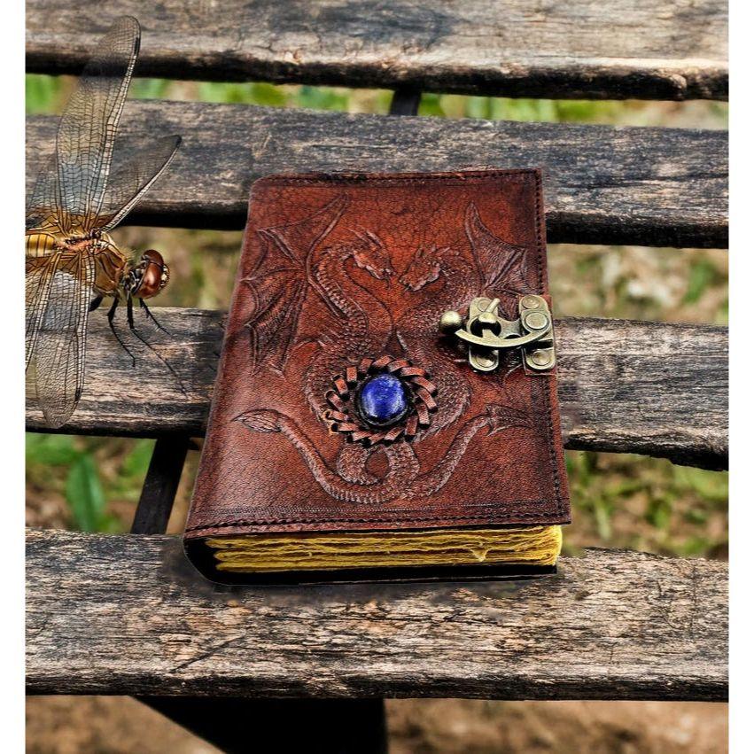 

Leather Journal | 200 Thick Vintage Pages | Brass C Clasp | Double Dragon notebook | Real Stones | Personal Grimoire. Book Of Shadows 7 x 5 in