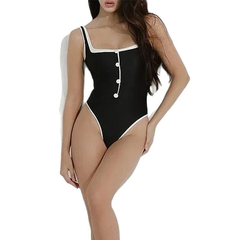 Black and white simple ins style high-end swimsuit women's small fragrant style button decoration 1011 new one-piece swimsuit