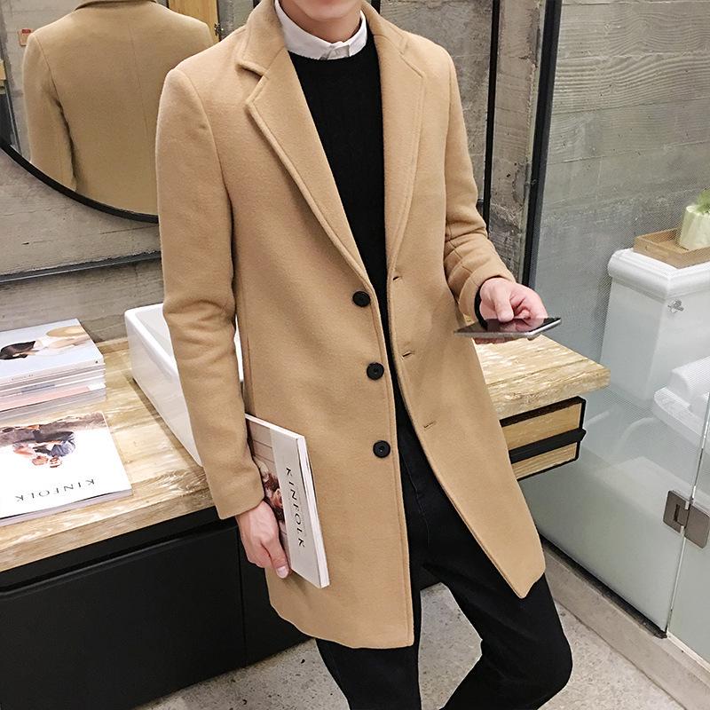 Men's Autumn Winter Wool Trench Coat, Korean Style Slim Fit, Mid-Length, Thickened for Warmth