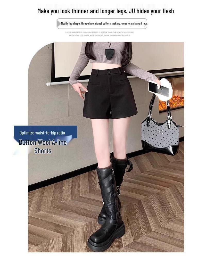 Petite Women's High-Waisted Tweed A-Line Shorts - Slimming, Versatile, Casual Wide-Leg for Autumn/Winter (XS)