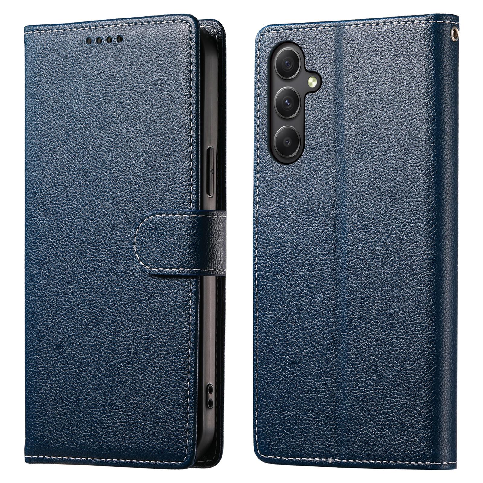 

DF-012 For Samsung Galaxy A34 5G Case Litchi Texture Leather Magnetic Clasp Wallet Stand Phone Cover Dark Blue