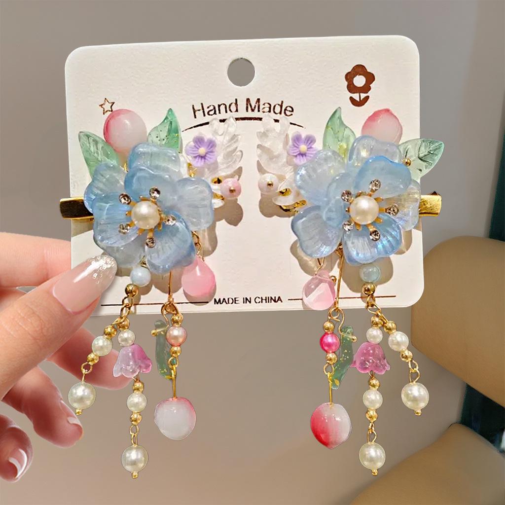 Mid-Autumn Hanfu Fairy Hair Clip - Women's & Children's Ancient Style Floral Tassel, Sweet Accessory for Girls