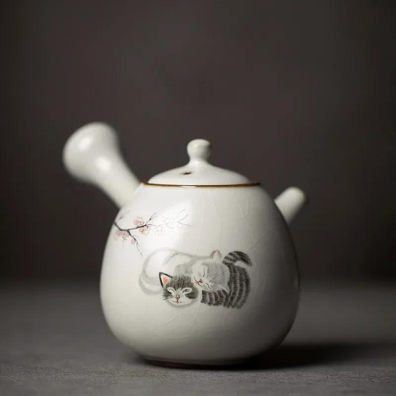 230ml Chinese Ru Kiln Side Handle Teapots Handmade Cute Cat Pattern Ceramic Kettle Travel Portable Filter Tea Pot Home Tea Set