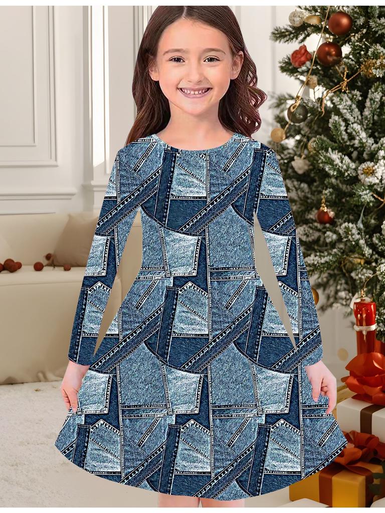 Vestito alla moda per bambina Autunno e Inverno, Stampa 3D effetto Denim, Girocollo, Manica Lunga, Abito T-shirt per Bambini, Casual Versatile, Abbigliamento di Natale