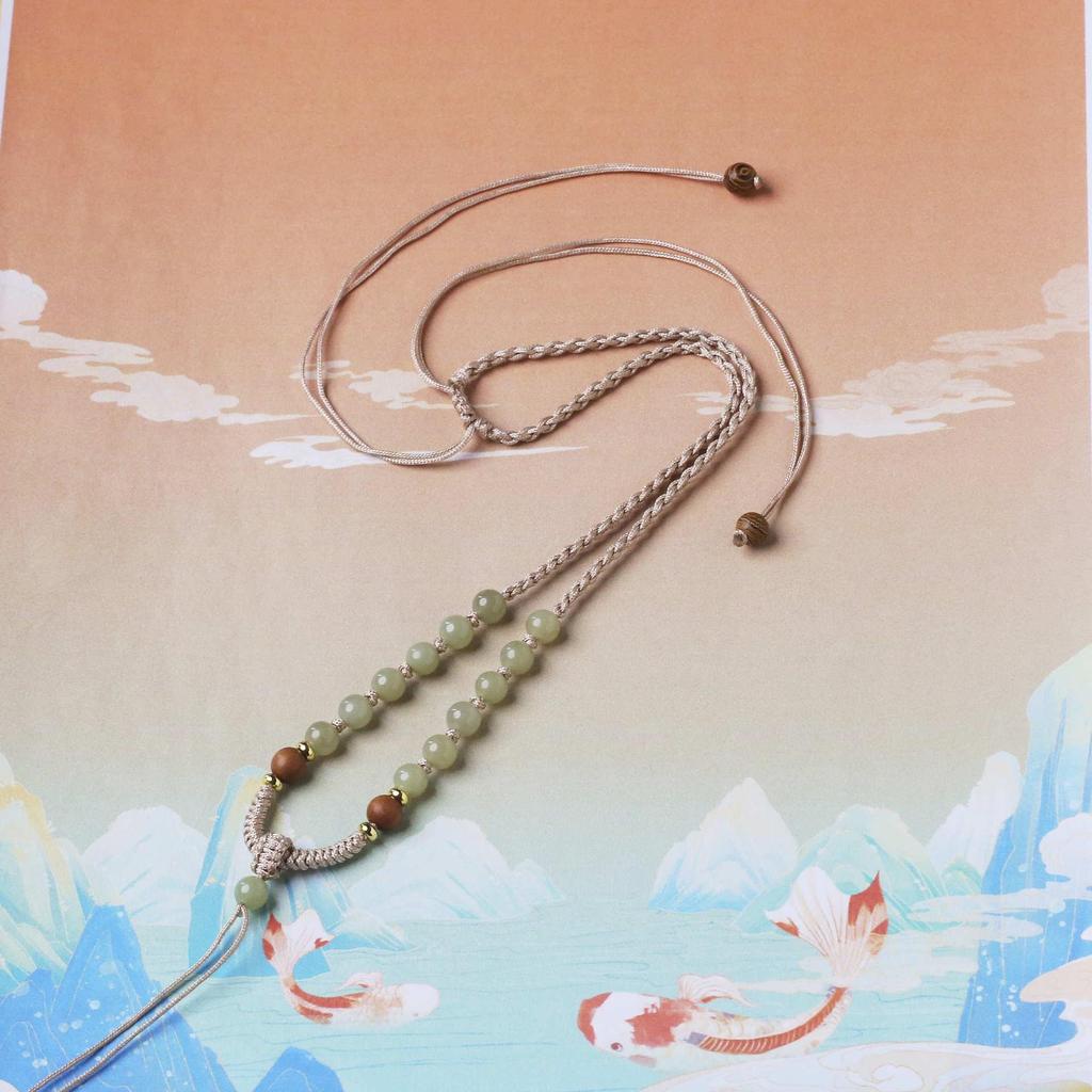 Unisex Thin Hetian Jade Peace Buckle Pendant Necklace with Red Rope