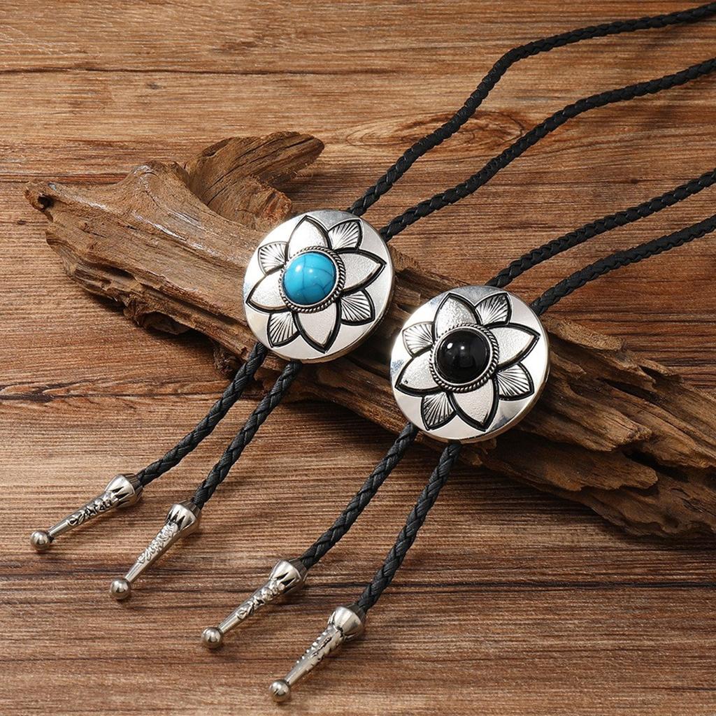 Vintage Metal Flower Petal Stone Cowboy Hat Bolo Tie Western Punk Faux Leather Rope Necktie Jewelry Shirt Chain Necklace