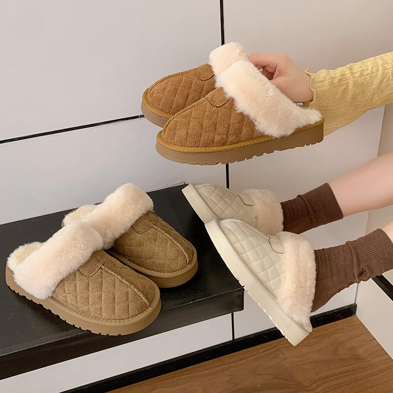 Mao Mao Mouth Thick Bottom Warm Rhombus Snow Cotton Drag Women 2025 Winter New Short Boots Piled Thickened Non-slip Cotton