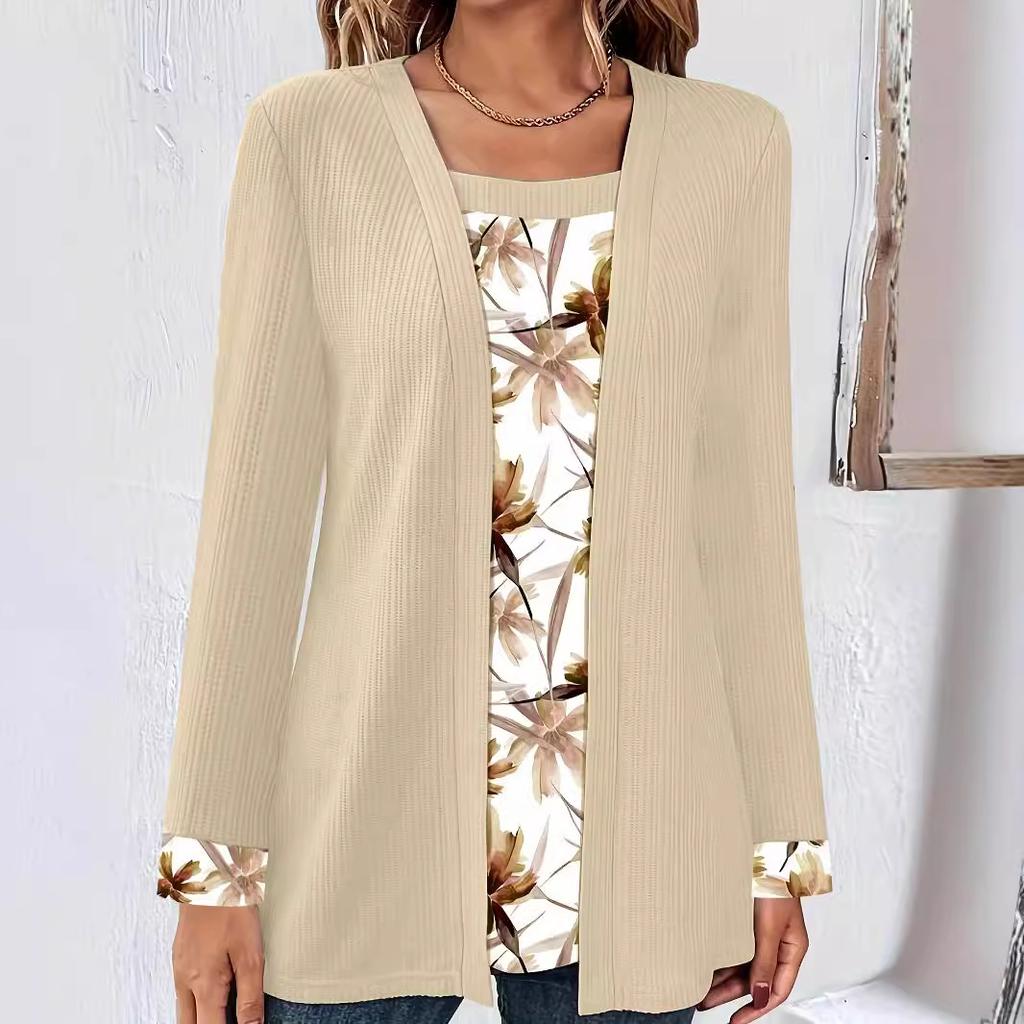 Повсякденна вільна футболка з довгим рукавом для жінок із підробкою з двох частин із квадратним коміром і принтом