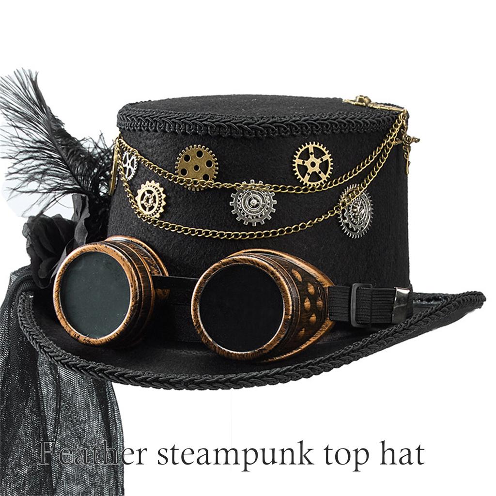 Gothic Lace Veil Tall Hat With Goggles and Metal Chain Gear Design Soft Wool Top Hat For Renaissances Fairs and Concerts