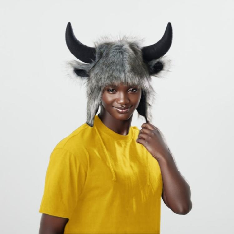Animal Earflap Hat Cosplay Headwear Winter Warm Hat with Bull Horn For Women Teens Halloween Party Costume Accessories