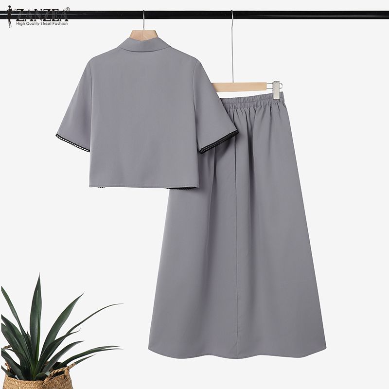 ZANZEA Women Short Sleeve Blouse and Long Skirts Summer Two Piece Suit Sets
