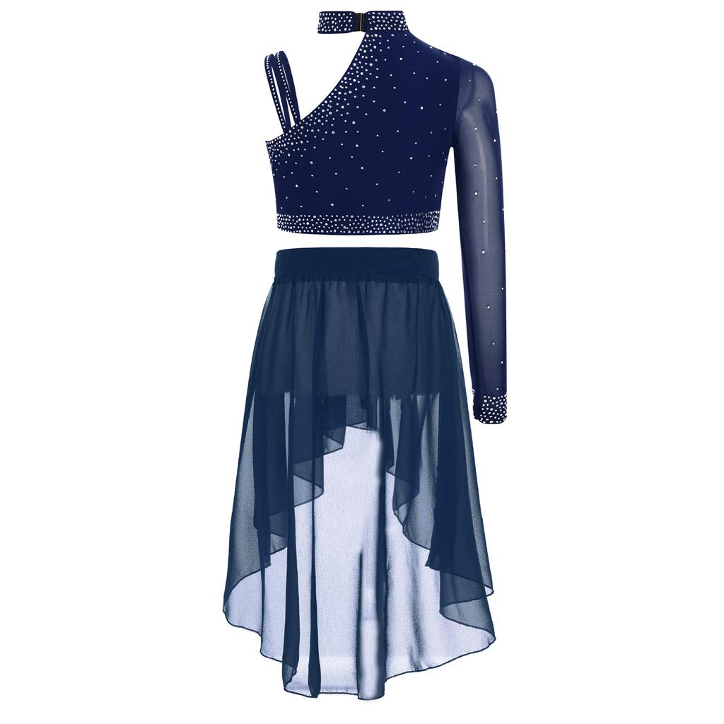 Girls Dance Costume Set Sparkly Rhinestones Crop Top with High-Low Chiffon Skirt