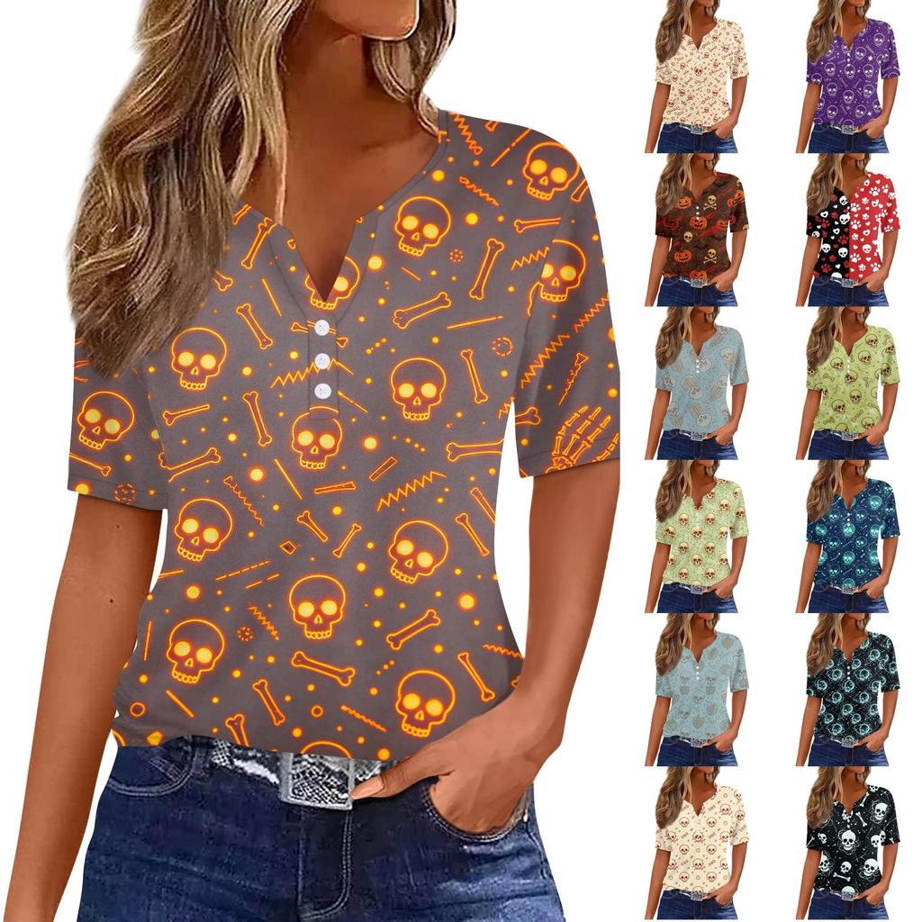 Womens Casual Halloween Print V Neck Short Sleeve Button Front T Shirt Top Lightweight Soft Fabric Comfortable Fit