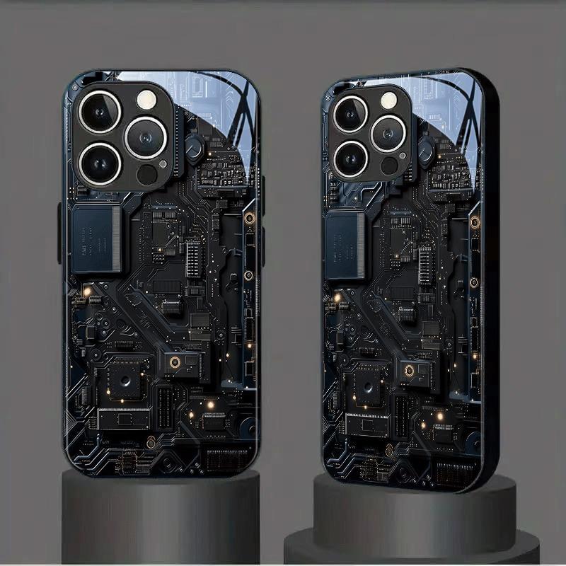 Black Cool Circuit Board Pattern Glass Phone Case For iPhone 17 Pro Max 16 15 14 13 12 11 Pro 16E 17Air 7 8 Plus XR XS X Cover