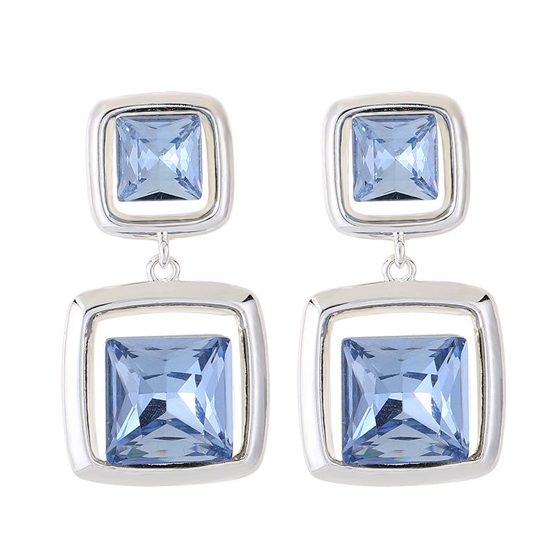 Korean Cool Tone Sea Blue Double Layer Zirconia Square Stud Earrings