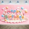Fabric Background Happy Birthday Wall Decoration Banner Party Banner Banner with Light Pink Balloons, Candies, and Cakes