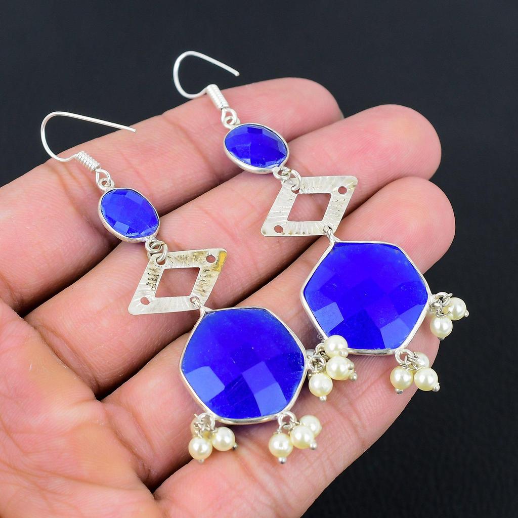 Sterling Silver Blue Sapphire Gemstone Wedding Drop Dangle Boho Earrings Jewelry
