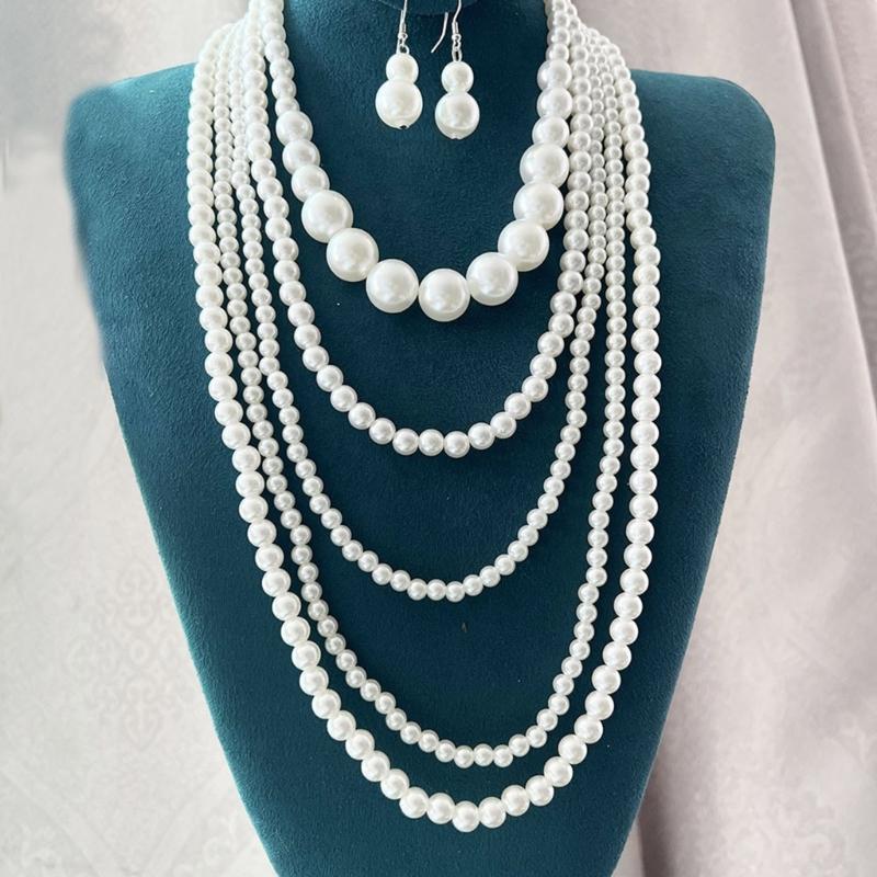 Set Elegant de Colier cu Mai Multe Șiraguri de Perle Faux și Cercei cu Mărgele pentru Femei, Set de Bijuterii Stilat pentru Pasionații de Modă