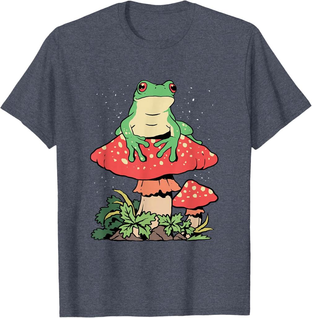 Frog on Mushroom Cottagecore Aesthetic Graphic Tee Men Casual Summer Trip T-Shirt