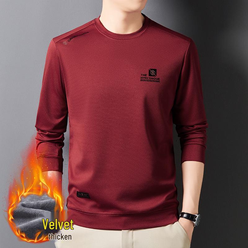 Men s Plus Velvet Warm Hoodie - 2024 Autumn/Winter Round Neck Casual Fashion, Middle-Aged Printed Long Sleeve Tee XXL (153-178 kg)